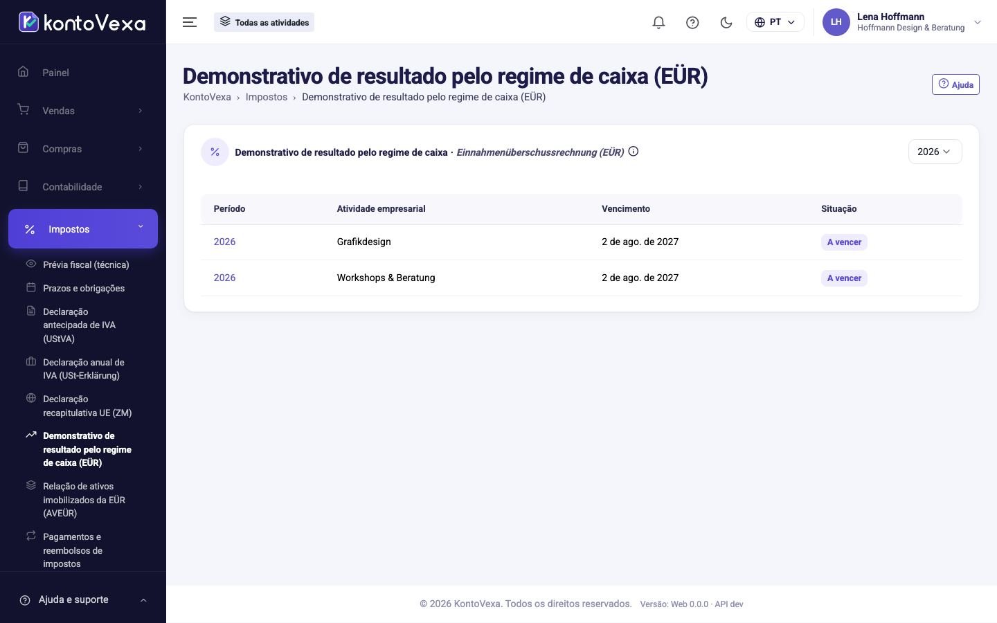 Captura de tela do KontoVexa: Einnahmenüberschussrechnung
