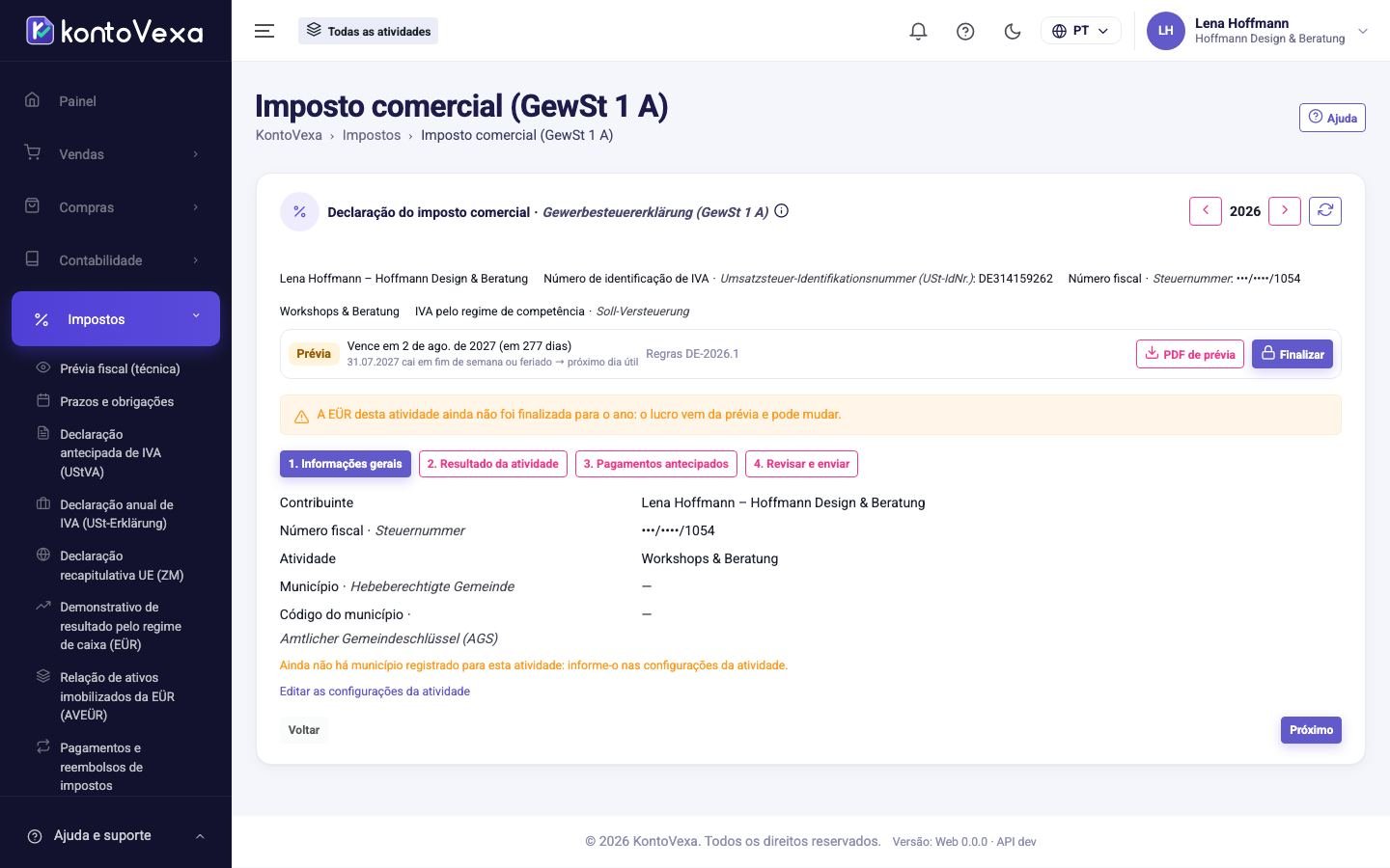A declaração do imposto comercial de uma atividade com as quatro etapas