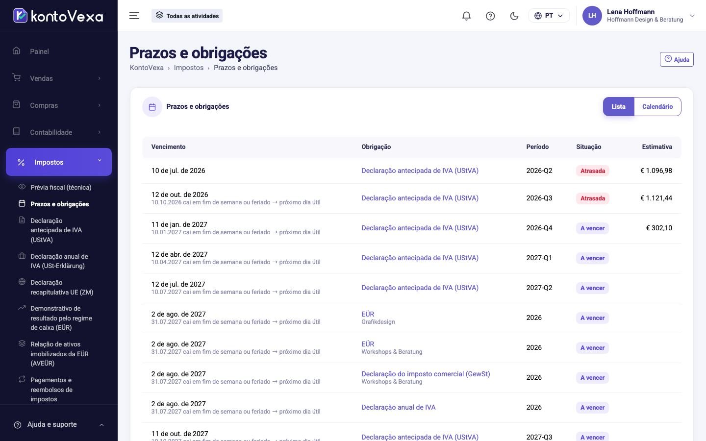 Captura de tela do KontoVexa: Declarações e prazos