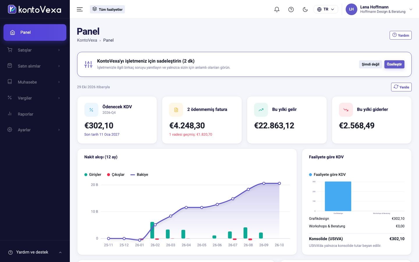 Yan menü ve üst çubukla birlikte panel