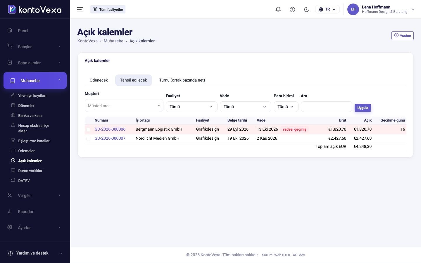 Filtreler, gecikme günleri ve toplamla açık alacaklar