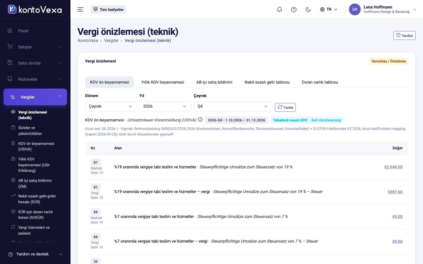 Faaliyetlere bölünmüş bir KDV ön beyannamesinin teknik önizlemesi
