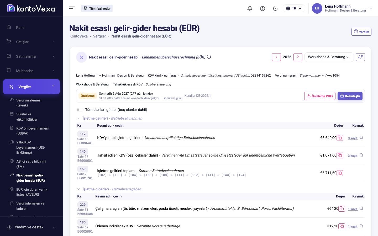 Önizleme durumunda bir faaliyetin Anlage EÜR'ü