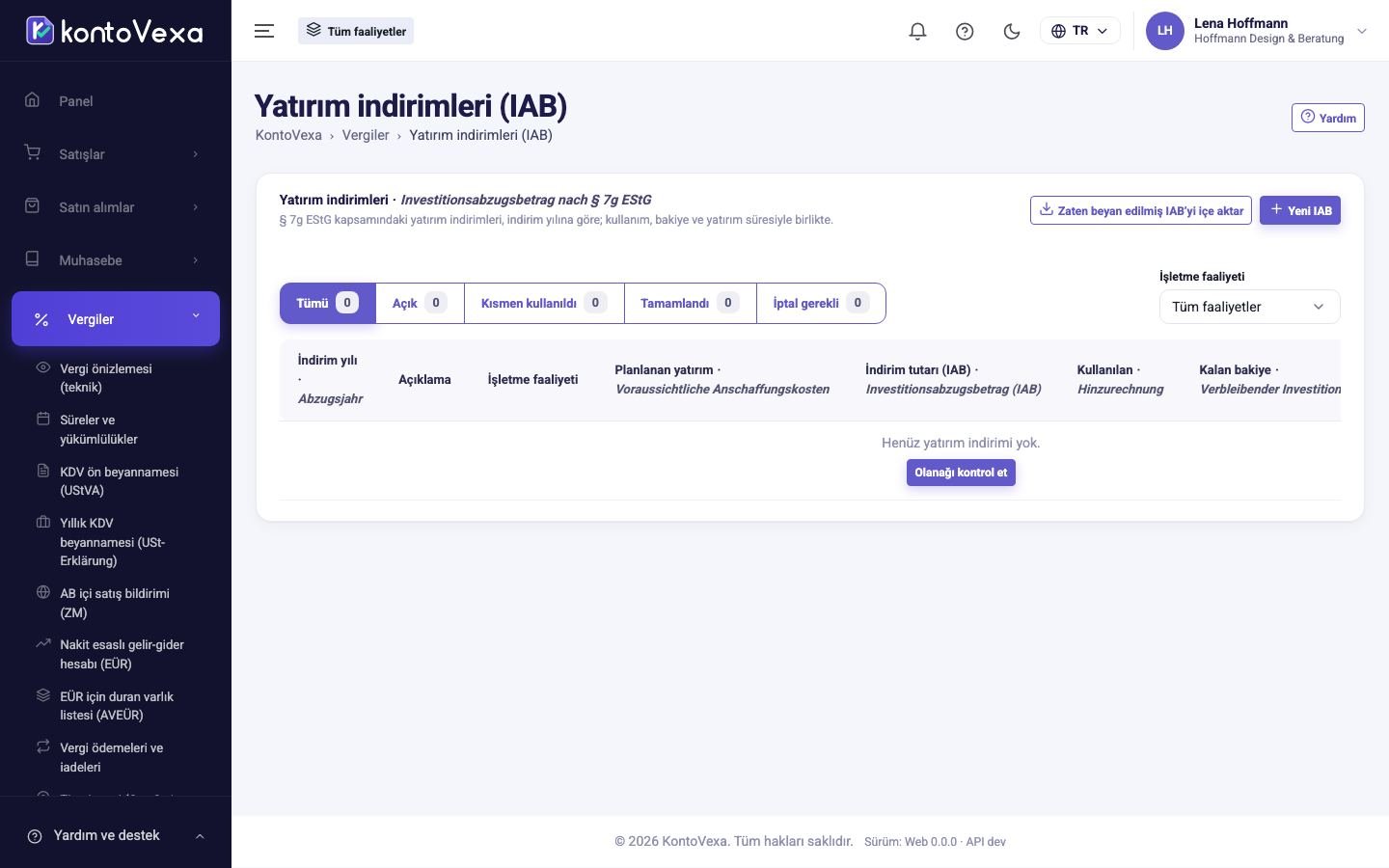 Yatırım indirimleri kaydı